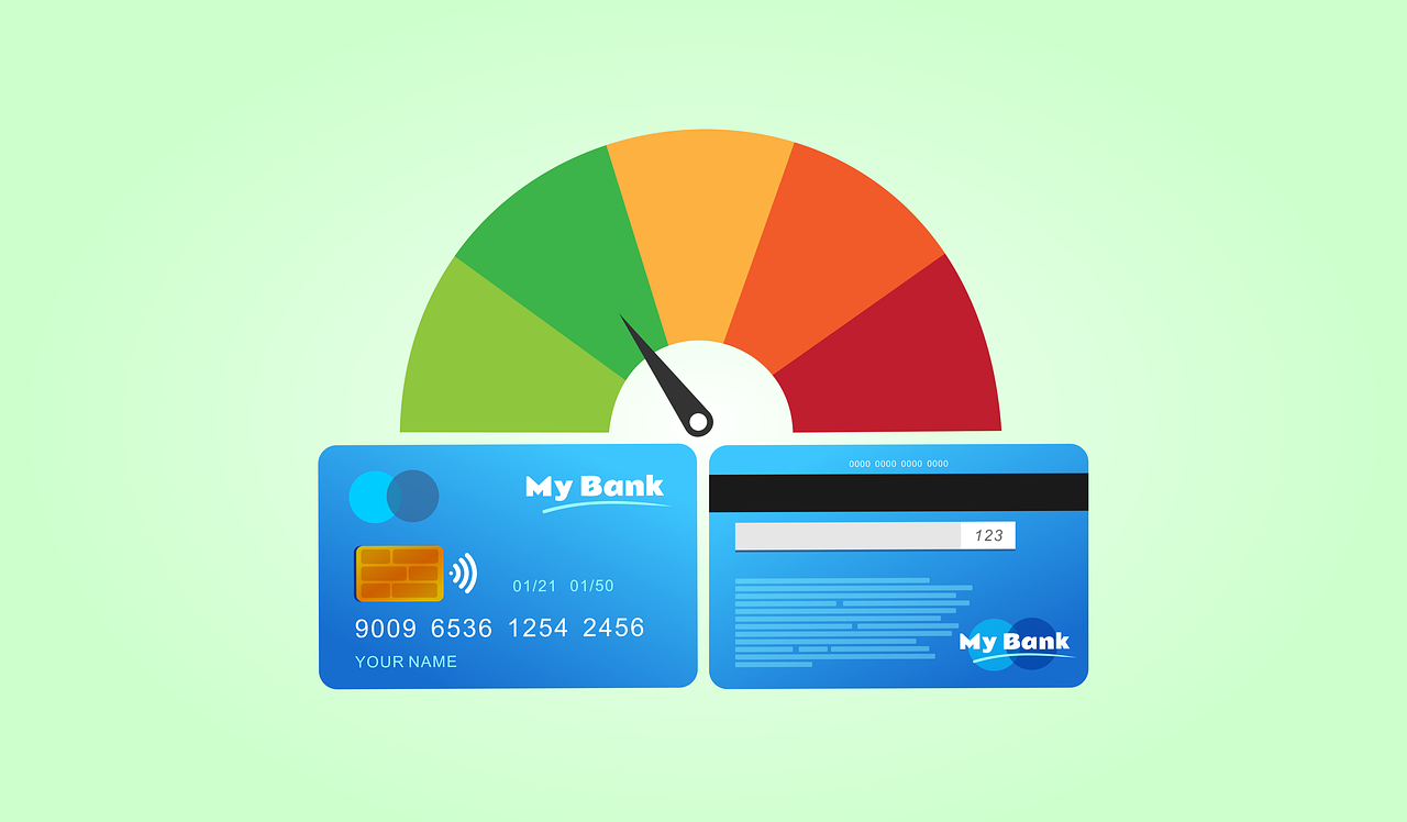 Credit card with credit score dial from green to red